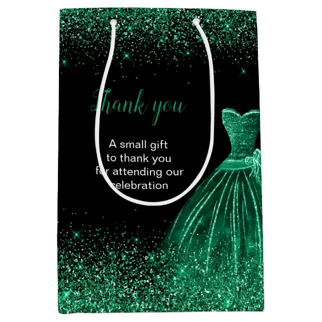 Bolsa De Regalo Mediana Quinceanera Dark Green Vress Faux Purpurina (Anverso)