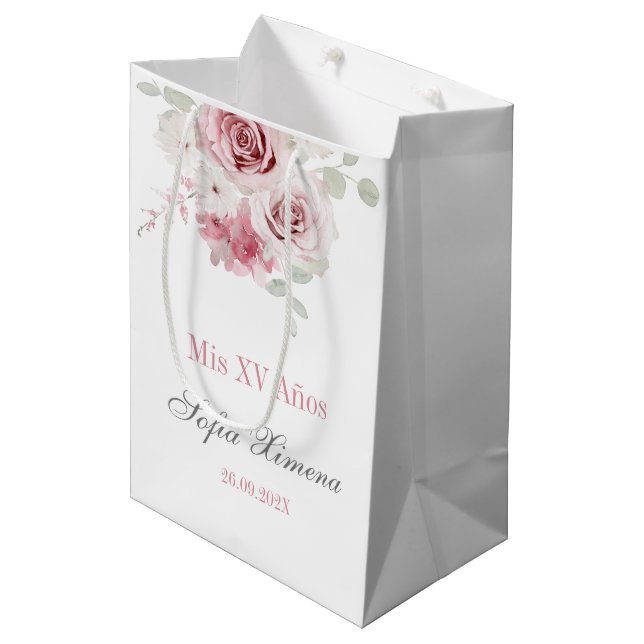 Bolsa De Regalo Mediana Quinceañera floral rosa Rubor (Angulo Anverso)