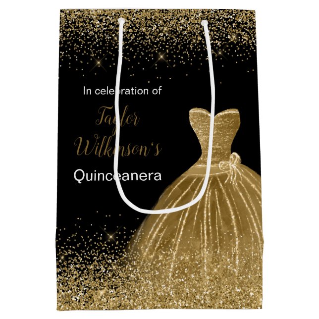 Bolsa De Regalo Mediana Quinceanera Gold Dress Faux Purpurina (Reverso)