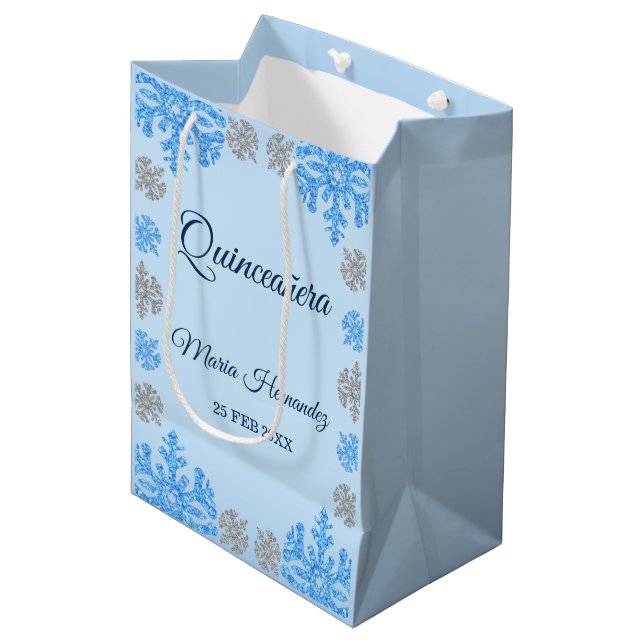 Bolsa De Regalo Mediana Quinceañera Ice Blue Silver Snowflake (Angulo Anverso)