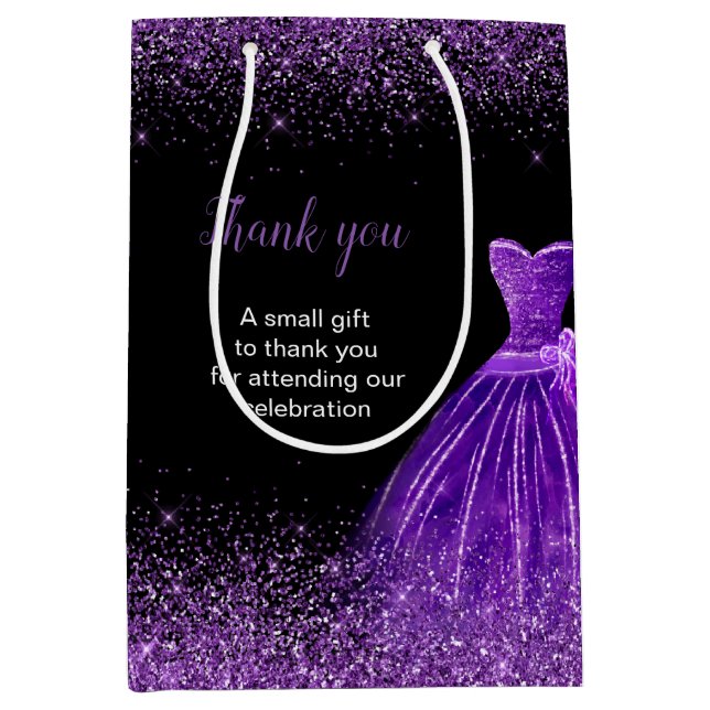Bolsa De Regalo Mediana Quinceanera Oscuro Vestido Púrpura Faux Purpurina (Anverso)