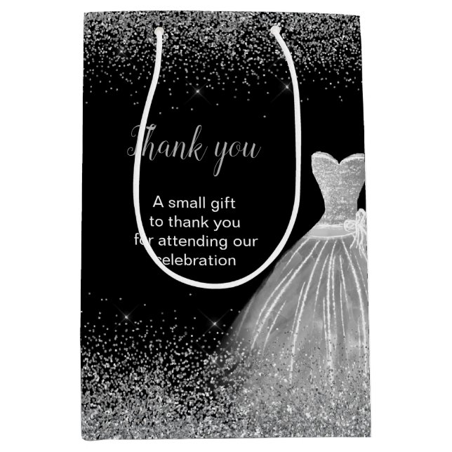 Bolsa De Regalo Mediana Quinceanera Plata Vestido Faux Purpurina (Anverso)