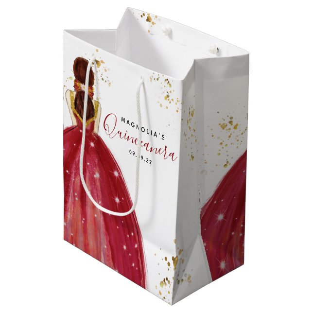 Bolsa De Regalo Mediana Quinceanera Red Dress Gold Purpurina (Angulo Anverso)