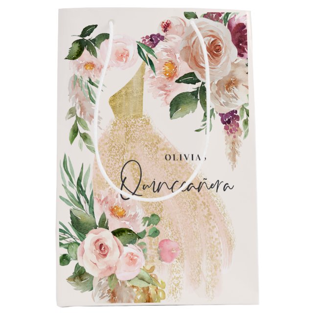 Bolsa De Regalo Mediana Quinceañera Vestimenta floral rosa cumpleaños (Anverso)