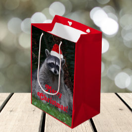 Bolsa De Regalo Mediana Raccoon lindo con vacaciones de Red Santa Hat