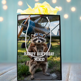 Bolsa De Regalo Mediana Raccoon Pilot Airplane Funny Photo Birthday Custom