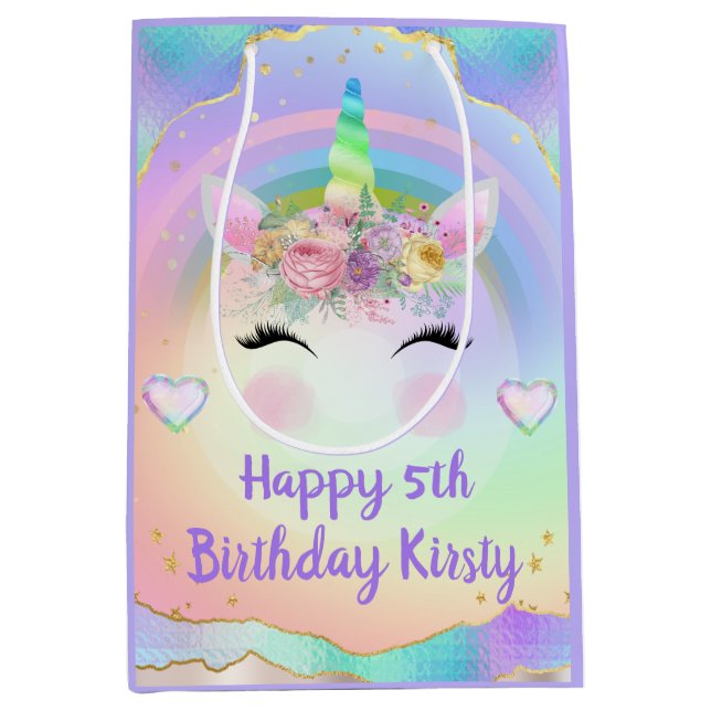 Bolsa De Regalo Mediana Rainbow Unicorn enfrenta un feliz cumpleaños (Anverso)
