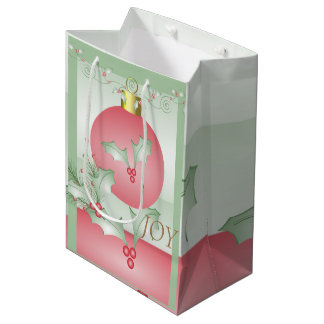Bolsa De Regalo Mediana Ramas de Acebo Verde Claro Rosado