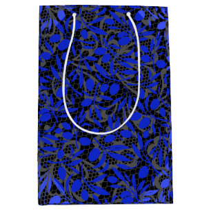 Bolsa De Regalo Mediana Ramas de frutos azules en red gris.2tonesx4 Negro 
