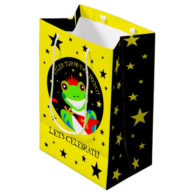 Bolsa De Regalo Mediana Rana de árbol de cumpleaños de Rockin con guitarra (Angulo Anverso)