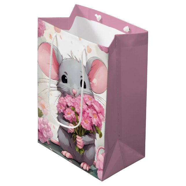 Bolsa De Regalo Mediana Ratón con Bouquet De Flor Rosa (Angulo Anverso)