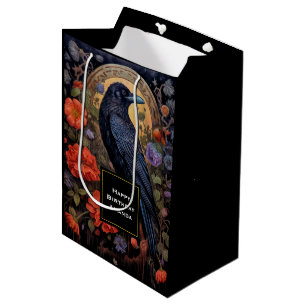 Bolsa De Regalo Mediana Raven negro con flores Cumpleaños de diseño gótico