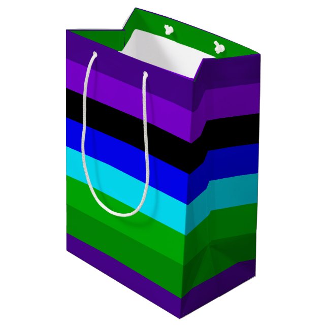 Bolsa De Regalo Mediana Rayas moradas, negras, azules y verdes (Angulo reverso)