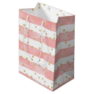 Bolsa De Regalo Mediana Rayas Rubor rosadas   Faux Gold Confetti