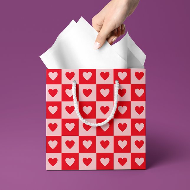 Bolsa De Regalo Mediana Red and Pink Hearts Checkerboard Valentine's Day (blush pink and bright red contrasting heart checkerboard patterned gift bag)