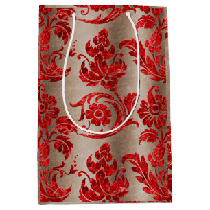 Bolsa De Regalo Mediana Red Gold Faux Velvet Damask Elegante