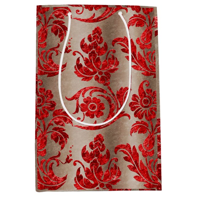 Bolsa De Regalo Mediana Red Gold Faux Velvet Damask Elegante (Anverso)