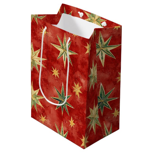 Bolsa De Regalo Mediana Red Green Gold Stars Christmas (Angulo Anverso)