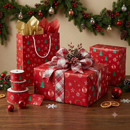 Bolsa De Regalo Mediana Red Ornaments & Watercolor Pines Christmas