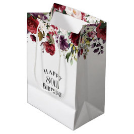Bolsa De Regalo Mediana Red Rubor y Purple Elegant Floral 80 cumpleaños