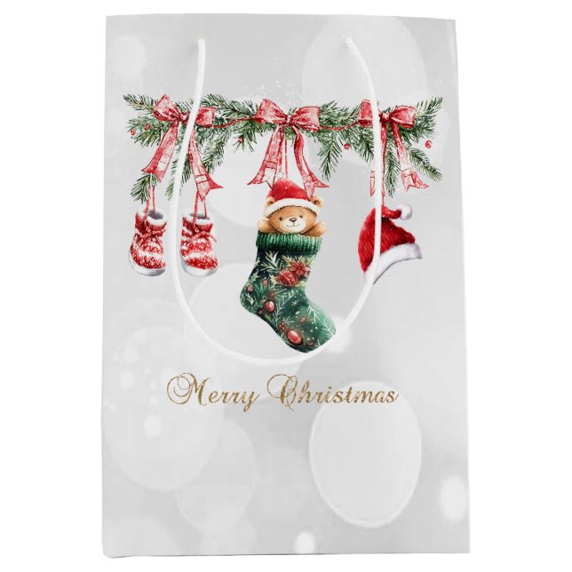 Bolsa De Regalo Mediana Red Santa Baby Navidades Clothesline Bokeh (Anverso)