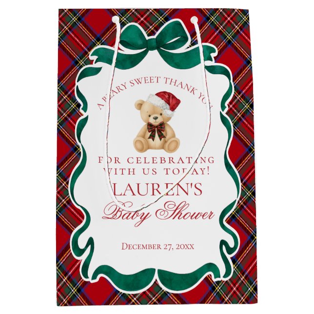 Bolsa De Regalo Mediana Red Tartan Plaid Christmas Bear Baby Shower Favors (Anverso)