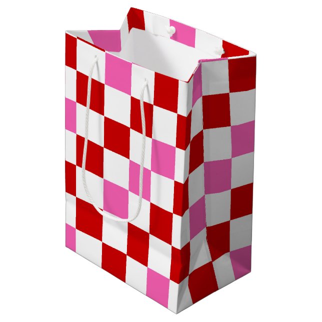 Bolsa De Regalo Mediana Red White Pink Checkered Pattern Design  (Angulo Anverso)