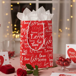 Bolsa De Regalo Mediana Red & White Typography "Love" Pattern Valentine's 