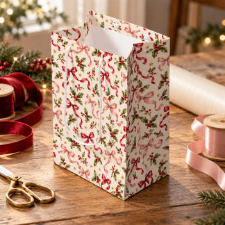 Bolsa De Regalo Mediana Regalos de Navidad Vintage Holly Pink Red Ribbon B