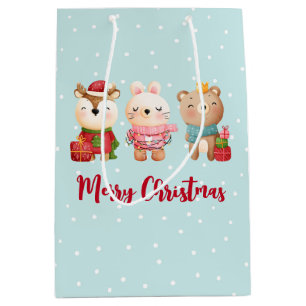 Bolsa De Regalo Mediana Reno, oso y conejo Feliz Navidad