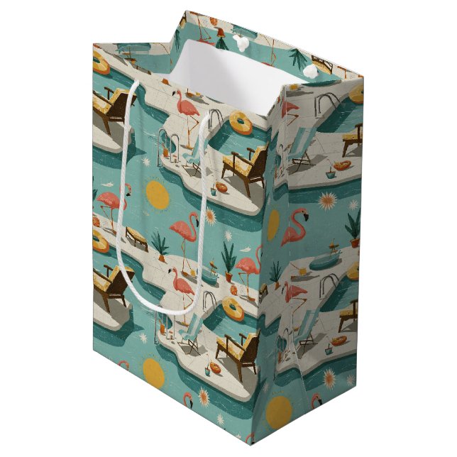 Bolsa De Regalo Mediana Retro Flamingo Poolside Summer Pattern (1) (Angulo Anverso)