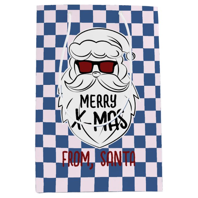 Bolsa De Regalo Mediana Retro Groovy Blue Checkered Santa Claus Christmas  (Anverso)