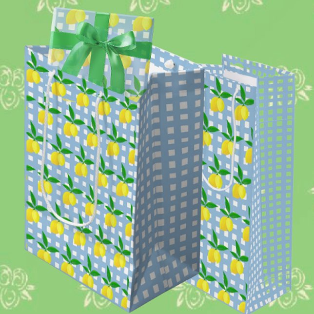 Bolsa De Regalo Mediana Retro Preppy Style Yellow Lemons Blue White Check (Lemony all occasion gift bags)