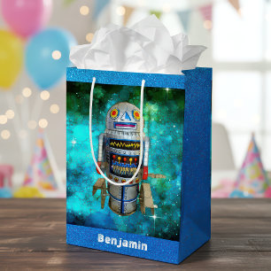Bolsa De Regalo Mediana Robot de juguete retro de ciencia ficción azul gal