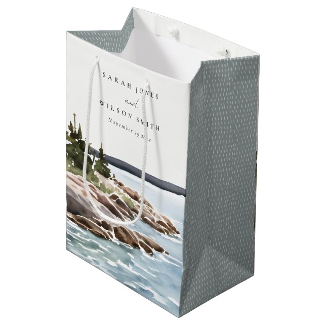 Bolsa De Regalo Mediana Rocky Pine Watercolor Seascape Boda (Angulo Anverso)