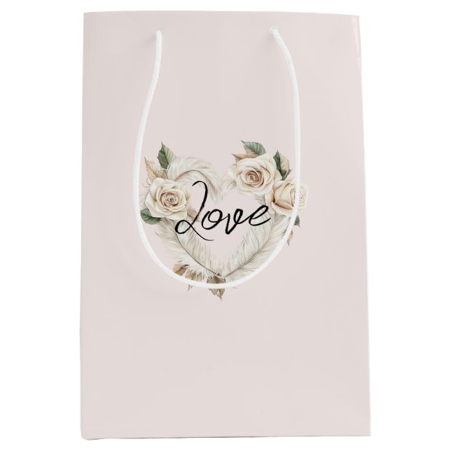 Bolsa De Regalo Mediana Romantic Blush Roses Feathers Heart Wedding (Anverso)