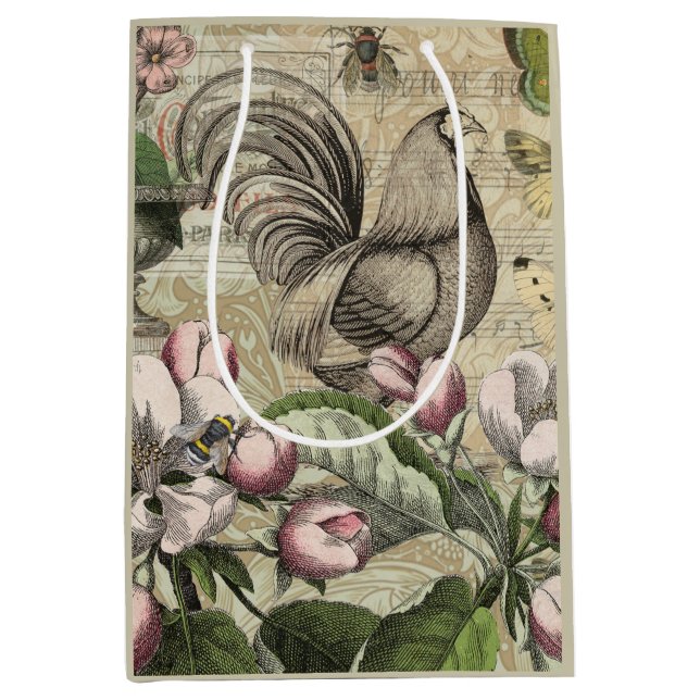 Bolsa De Regalo Mediana Rooster Garden Flower Butfly Art (Anverso)