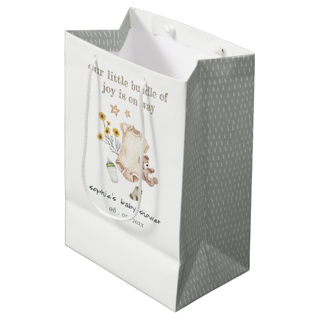 Bolsa De Regalo Mediana Ropa de bebé verde Boho Género Baby Shower neutral (Angulo Anverso)