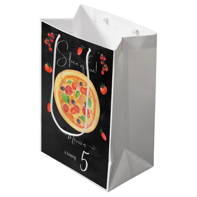Bolsa De Regalo Mediana Ropa de diversión, cumpleaños de pizza (Angulo Anverso)