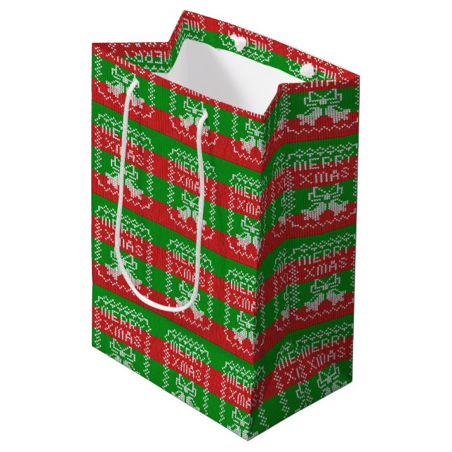 Bolsa De Regalo Mediana Ropa de jingle de patrón de suéter feo Hilo de nav (Angulo Anverso)