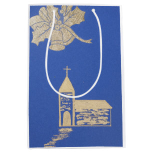 Bolsa De Regalo Mediana Ropa y campanas, iglesia de Navidades en azul