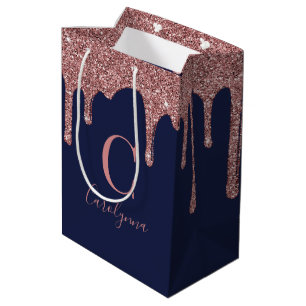Bolsa De Regalo Mediana Rosa azul de la Marina Perforaciones Purpurinas de