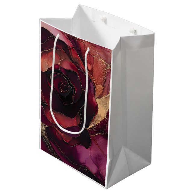 Bolsa De Regalo Mediana Rosa Borgoña Dorado Floral (Angulo Anverso)