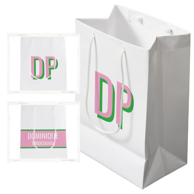 Bolsa De Regalo Mediana Rosa Claro + Monograma Verde Damas de Honor (Light Pink + Green  Monogram Gift Bag)