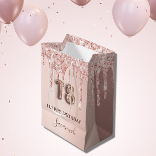 Bolsa De Regalo Mediana rosa de 18 años purpurina de oro estilo globo rosa