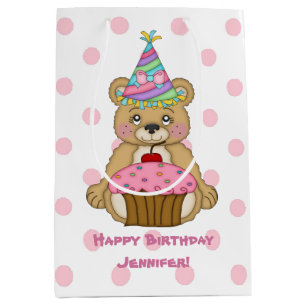 Bolsa De Regalo Mediana Rosa de la magdalena del oso del cumpleaños
