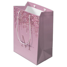 Bolsa De Regalo Mediana Rosa De Perforaciones Purpurinas Monograma Y Nombr