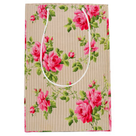 Bolsa De Regalo Mediana Rosa de rayas florales rosas victorianas de época