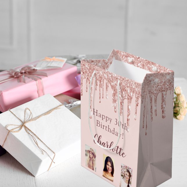 Bolsa De Regalo Mediana Rosa dorado de cumpleaños purpurina goteo foto (Subido por el creador)