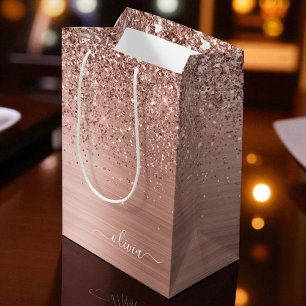 Bolsa De Regalo Mediana Rosa Dorado Metal Brillado Glitter Monograma